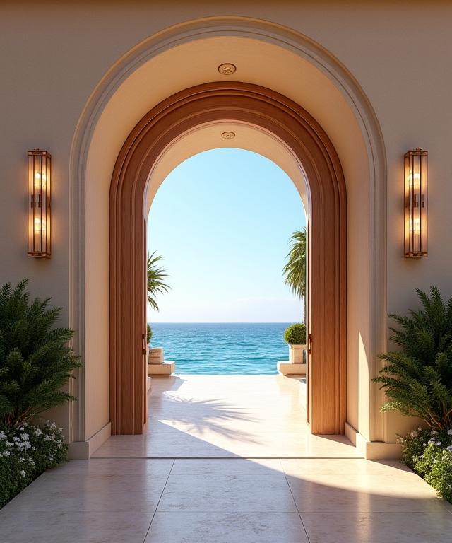 Ingresso elegante della clubhouse del Corallo Club con vista mare