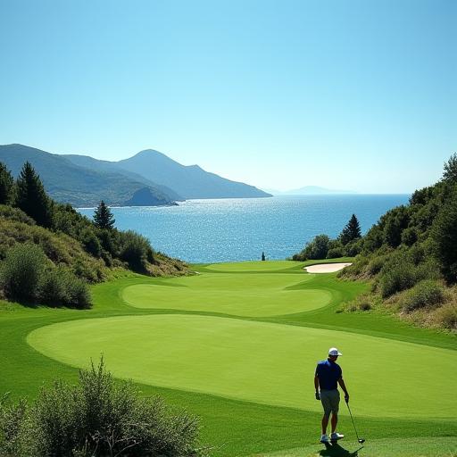 Giocatore di golf su un fairway verde con il mare sullo sfondo