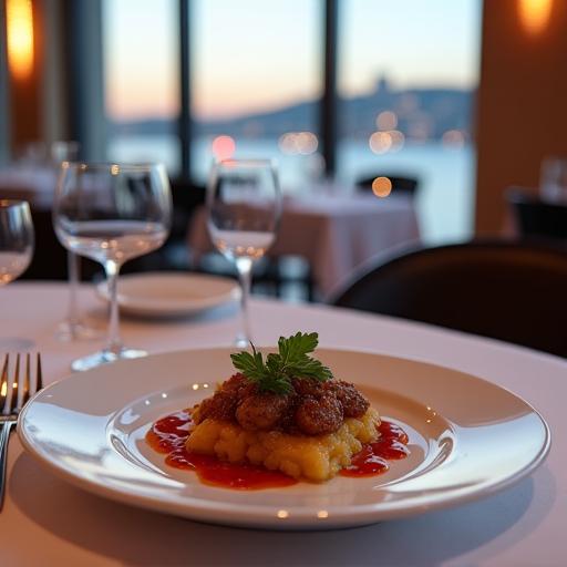 Piatto gourmet servito al ristorante con vista sul porto