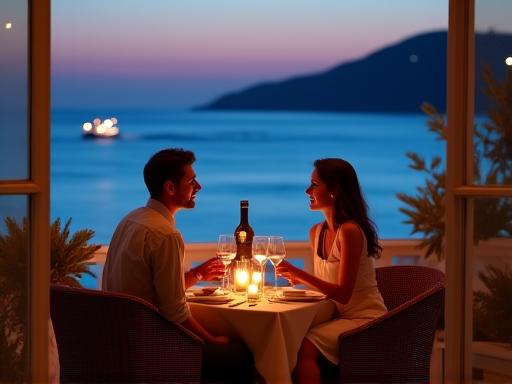 Coppia che cena romanticamente sulla terrazza del ristorante con vista mare al Corallo Club