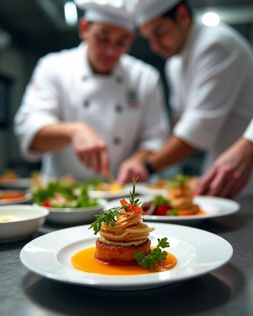 Chef professionale che impianta un piatto gourmet nella cucina del ristorante 'Il Corallo'