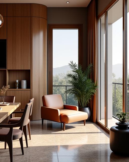 Dettaglio di un angolo lounge elegante della clubhouse con arredi di design e vista esterna