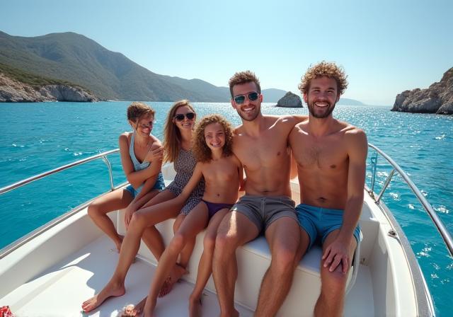 Famiglia sorridente a bordo di uno yacht di lusso durante un'escursione nelle acque cristalline dell'Argentario