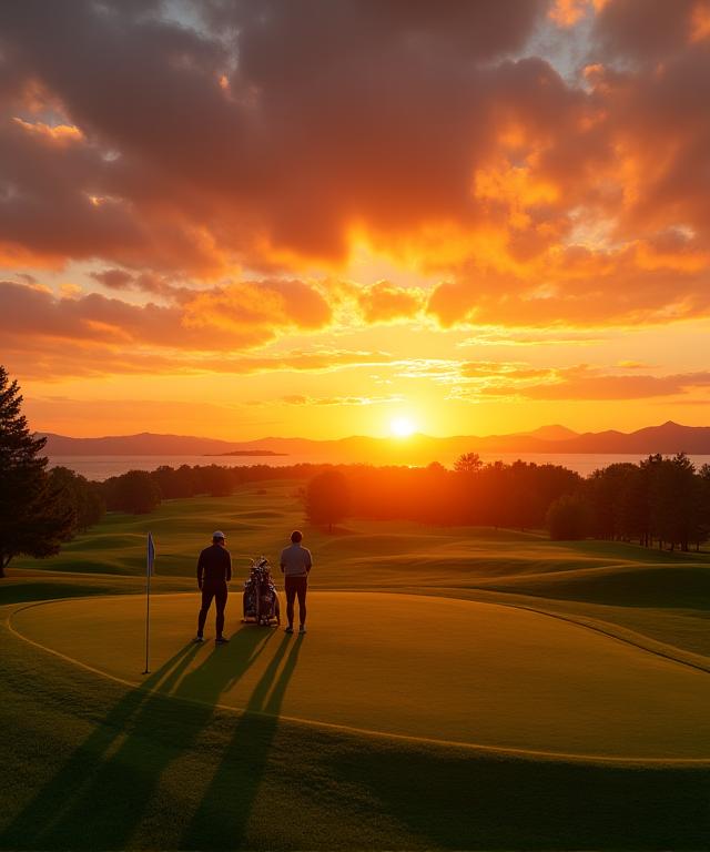 Giocatori di golf che finiscono una partita al tramonto sul green del Corallo Club