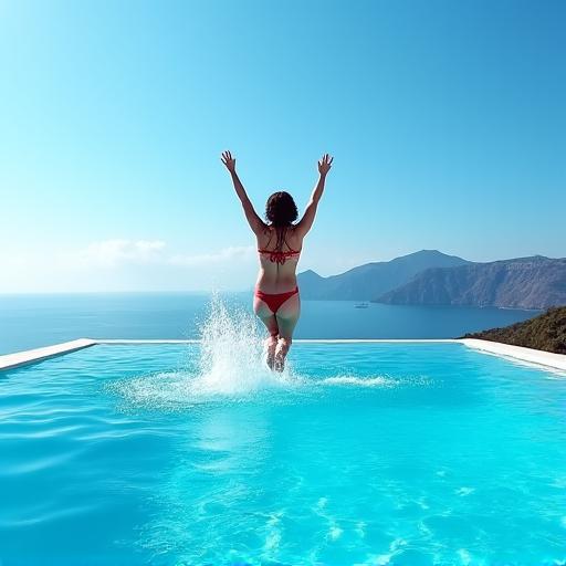 Donna che si tuffa elegantemente in una piscina a sfioro con vista panoramica sul mare e la costa