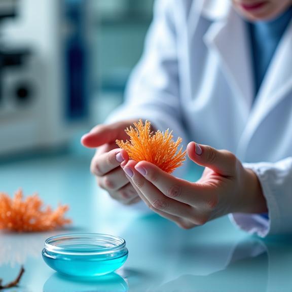 Un biologo marino che ispeziona un frammento di corallo in laboratorio